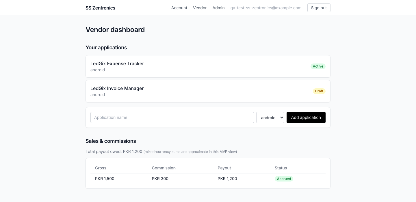 sszentronics vendor dashboard showing applications and a commission breakdown